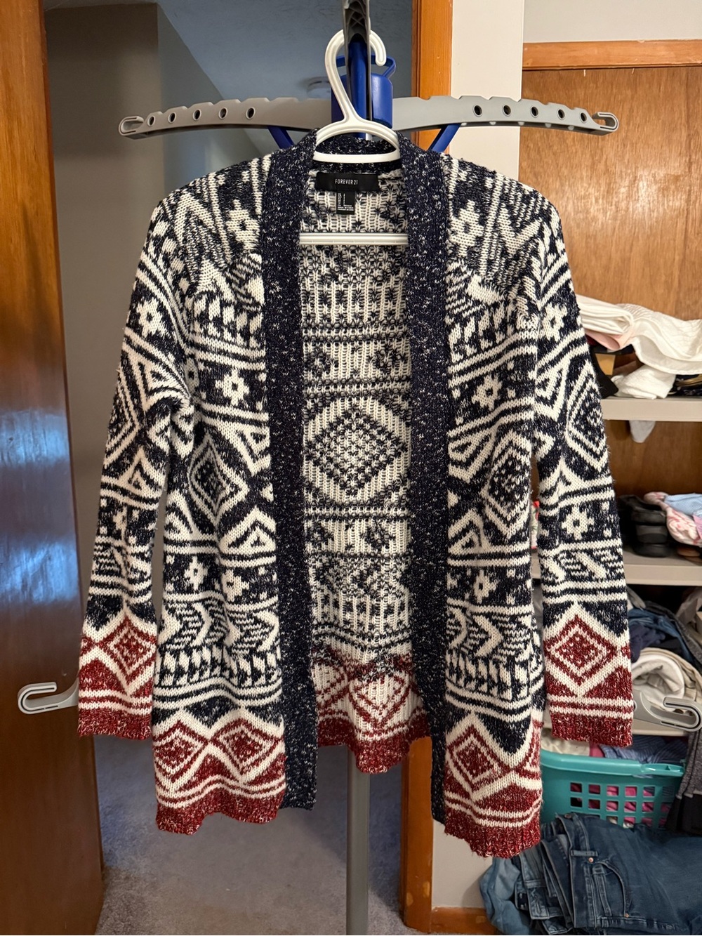 Forever 21 Navy, White & Red Fair Isle Open-Front Cardigan